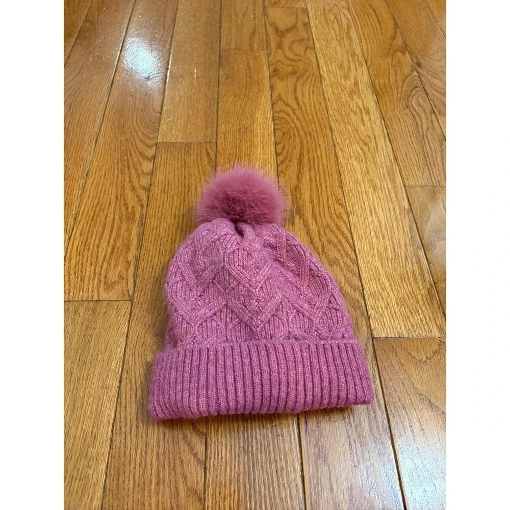 Cat & Jack Kids Pink Cable Knit Beanie Faux Fur Pom Pom Fleece Lined OSFM Hat